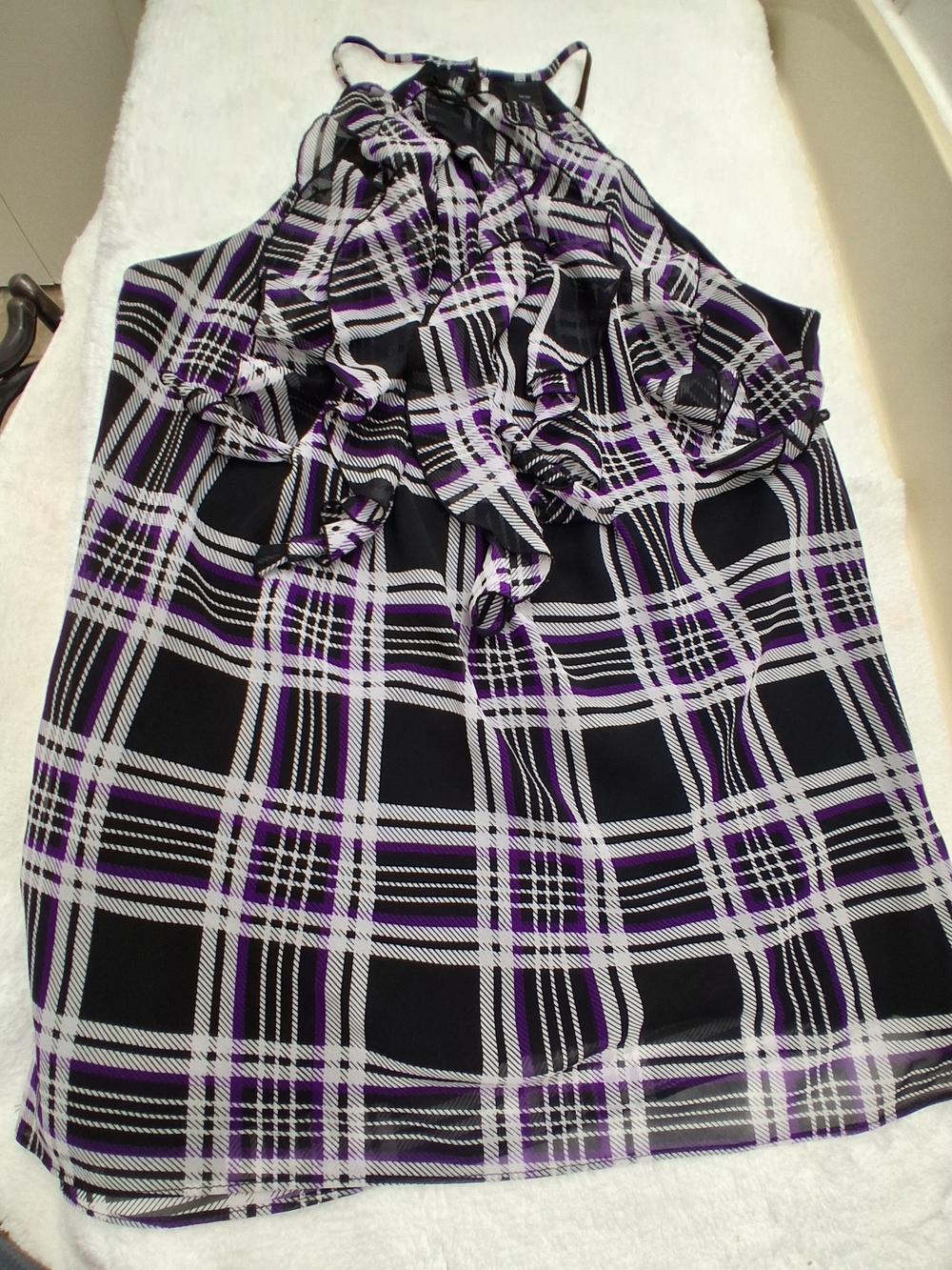 Bisou Bisou Black White & Purple Plaid Halter Top